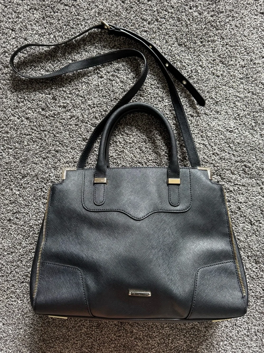 Rebecca Minkoff Amorous Satchel Black Saffiano Leather Gold Crossbody Bag